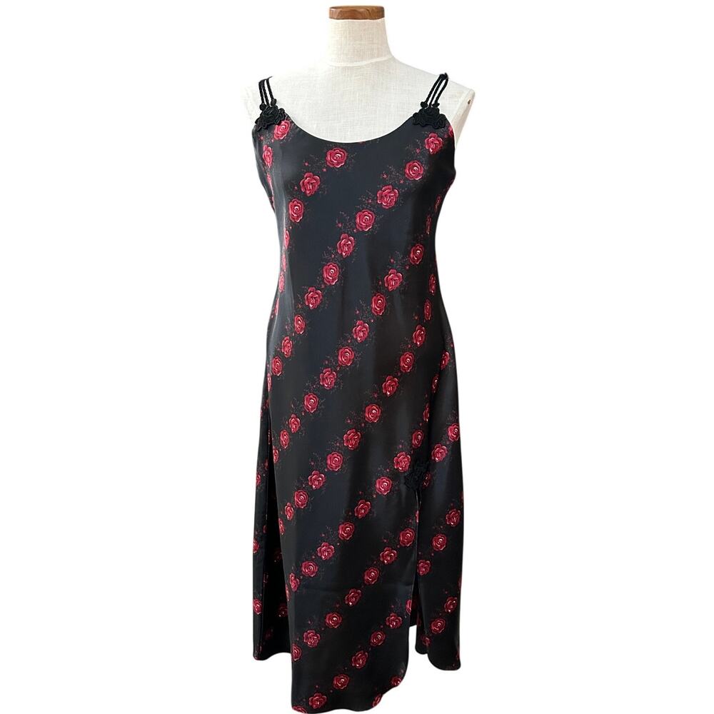 Vintage 90s Black Satin Rose Slip Dress M Grunge Goth Applique Private Luxuries